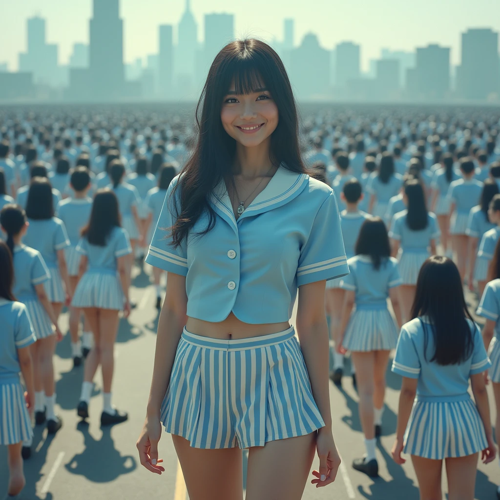 (((giant clone-girls art))), (((16K, Highest quality, Ultra-high resolution))), (((((It's a very unrealistic and delusional worldview.))))), A high school girl with thick black hair, Light blue short sleeve uniform, Blue and white striped mini skirt, White socks, Black leather shoes, Panties in full view, Very detailed美しい女体, Very detailed完璧な体の構造, ((Big Breasts)), (((A seductive smile))), (((((Super huge beautiful girl, 2,500ft, High school girls are much taller than skyscrapers, The shoes worn by high school girls are bigger than skyscrapers, See the gigantic female high school student from high up in the sky, small city, The people in the town are tiny))))), ((((((((Highly detailed cloning depiction, 1giant girl-1,000giant clone-girls)))))))), (Very detailed, The detailed depiction of the proliferation of Clone-girls, ((With perfectly identical Clone-girls' bodies, With the exact same face as Clone-girls, With the exact same hairstyle as Clone-girls, Dressed exactly like the Clone-girls, Exactly the same height as the Clone-girls, 完璧にClone-girlsと同じ超Big Breasts), (((((1,000giant Clone-girls))))), There are so many gigantic high school girls that you can barely move your feet., A bunch of high school girls trample on a skyscraper, Destroying cities, City Survivors 0.001%