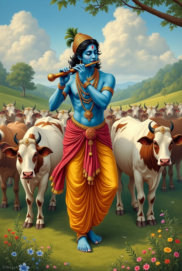 Krishna playing flute while cows in background 
