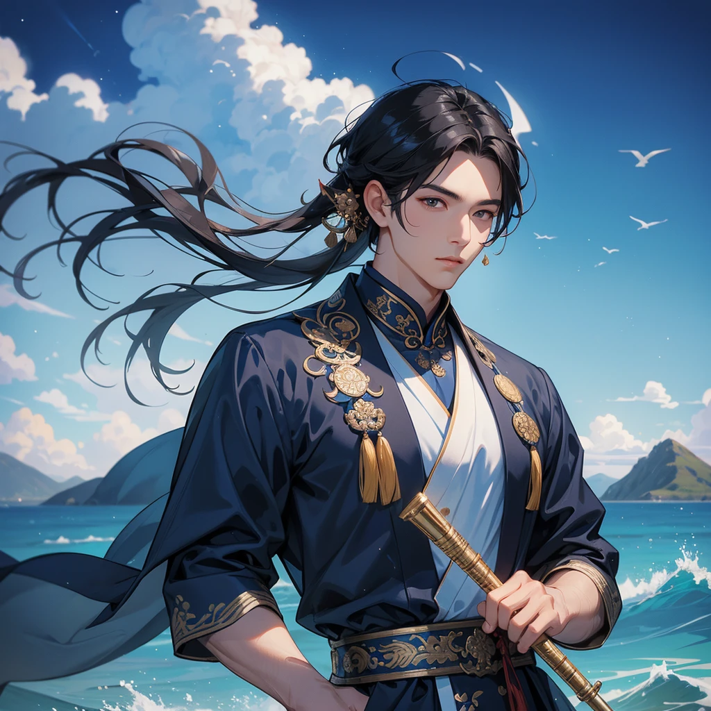 Handsome black-haired male in blue ancient Chinese costume, close up, Playing a flute, background is the mountains and the sea, low cloud.