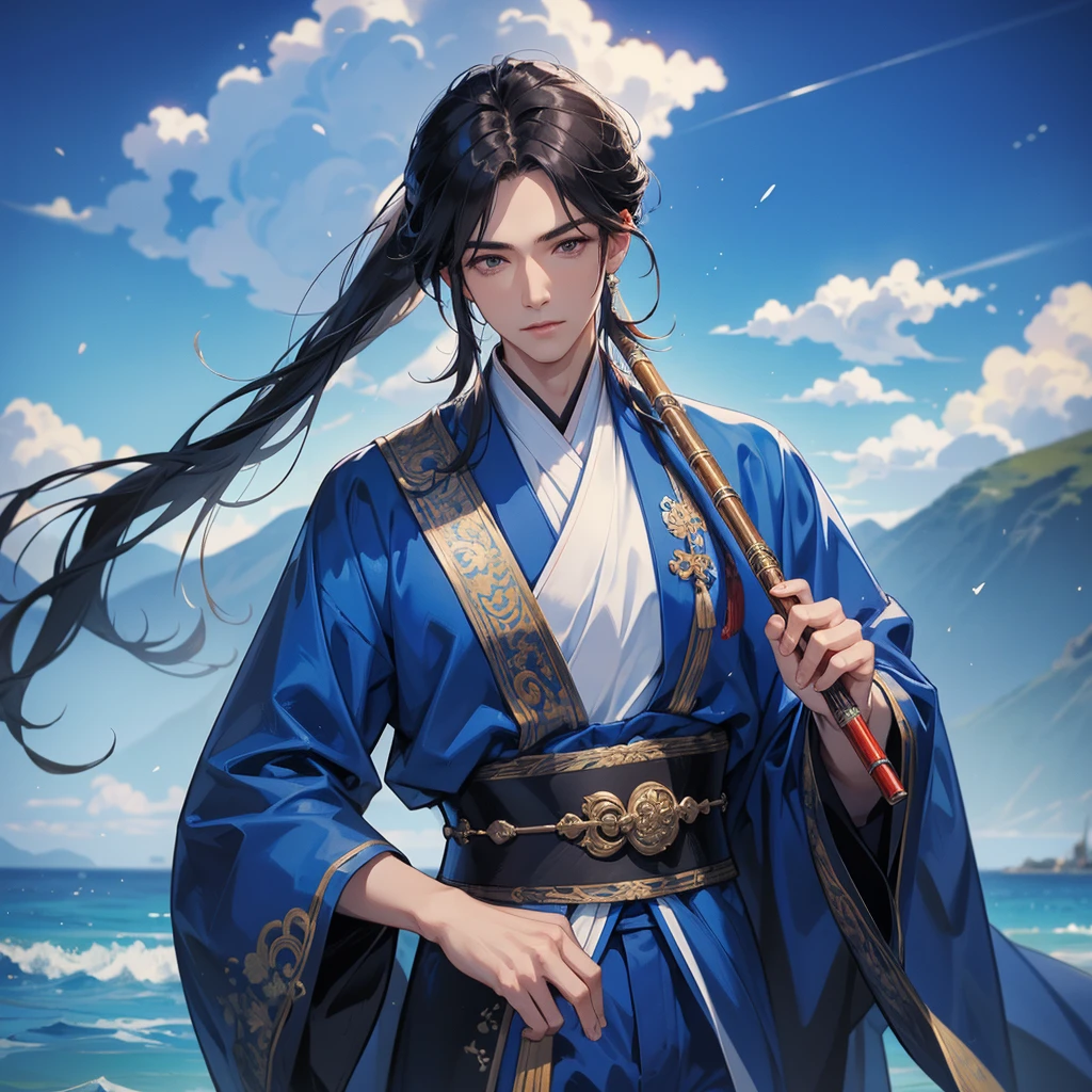 Handsome black-haired male in blue ancient Chinese costume, close up, Playing a flute, background is the mountains and the sea, low cloud.