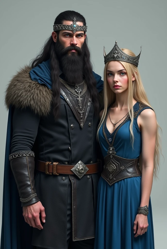  viking warrior, no facial hair, velvety skin, strong jaw, blue colored eyes, long black hair, Scrawny, with black clothes with blue details, wearing a silver crown with precious stones., next to a Viking queen, Youngh, blonde, slim, long blondie hair, greeneyes, with blue dress with black details, with a delicate silver crown on her head. 