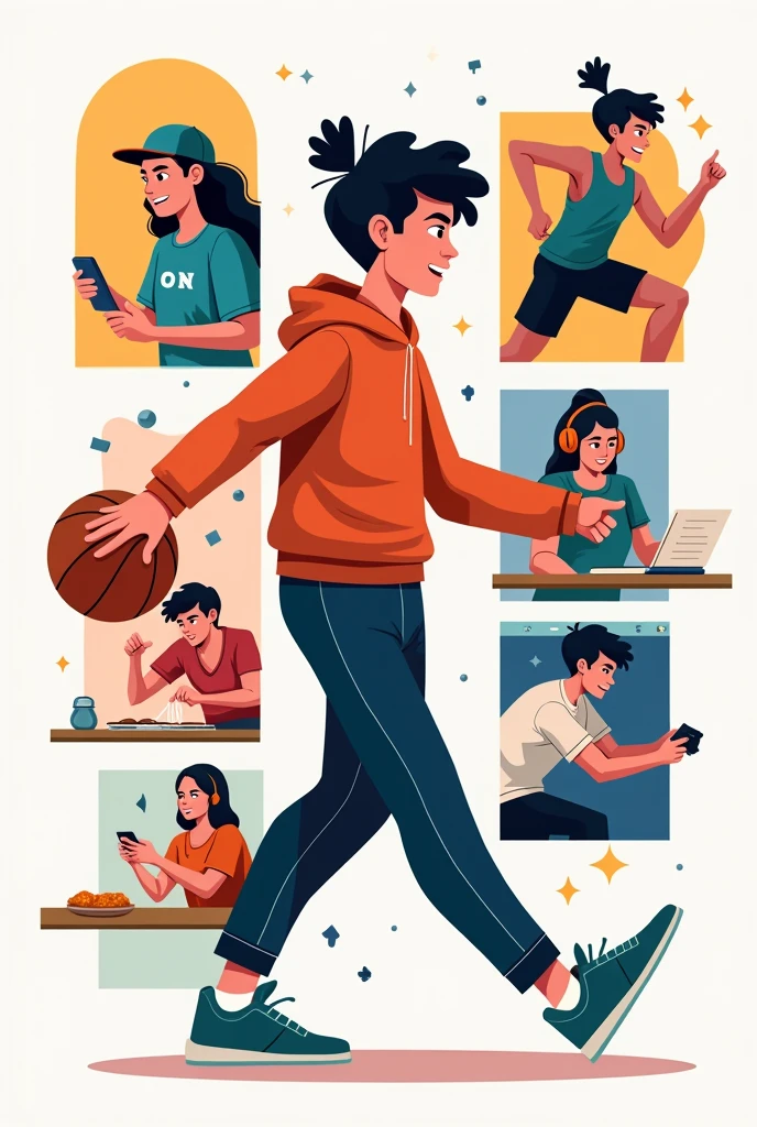 A poster placing someone playing basketball, weight training, studying, cooking, sleeping, playing video games, listening to music.