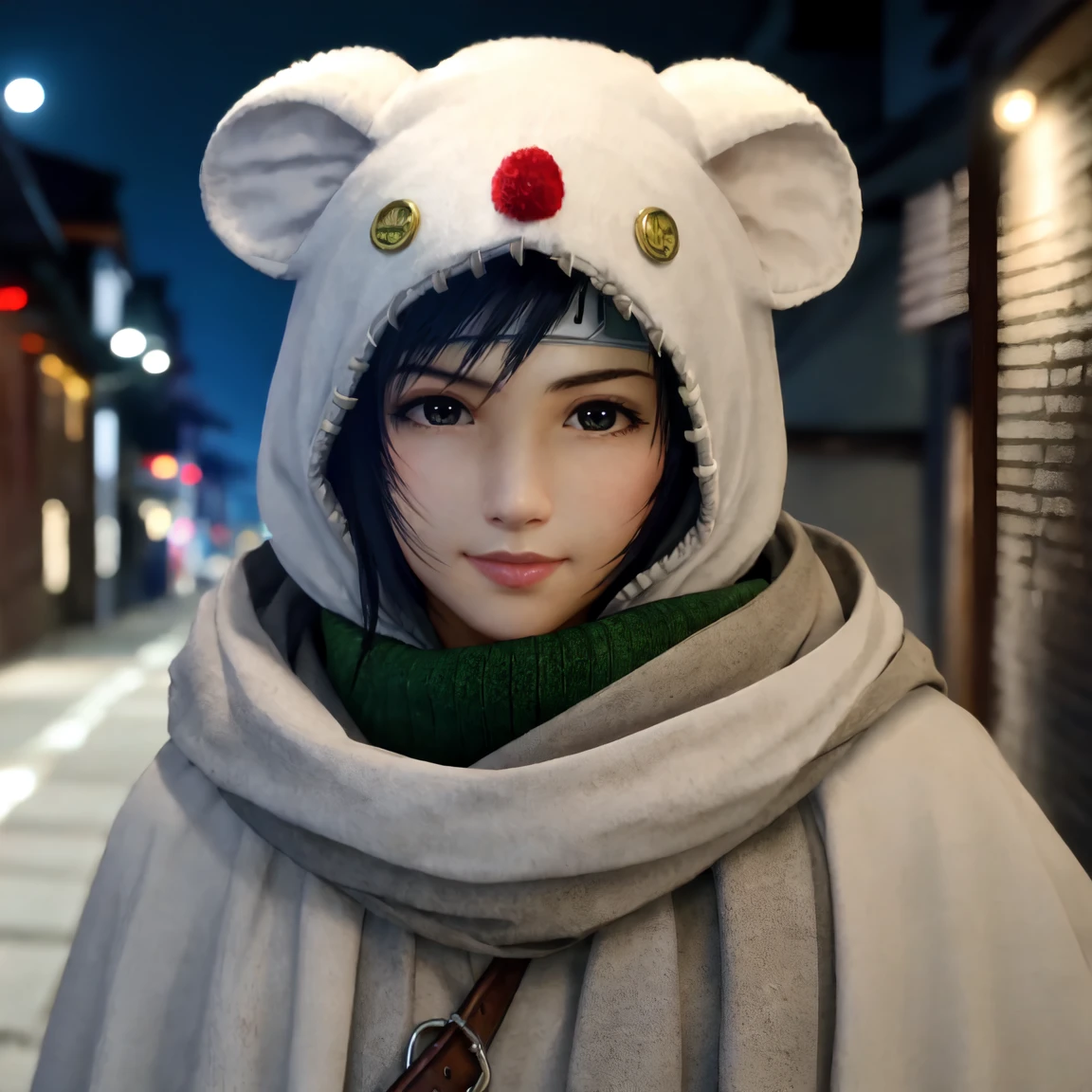 (yuffie_kisaragi, mooglesuit, animal hood, white cloak ),((a girl)),(****:1.3),hyperrealistic portrait,((Cowboy Shot)),sharp focus, depth of field ,blur background, bokeh ,Cinematic lighting,detailed face,random pose,touch hair,Half Smile,Midnight,((alley)),(photo realistic,perfect anatomy:1.3),(hyper detailed, masterpiece:1.2), best quality,RAW photo, exquisite, beautiful 