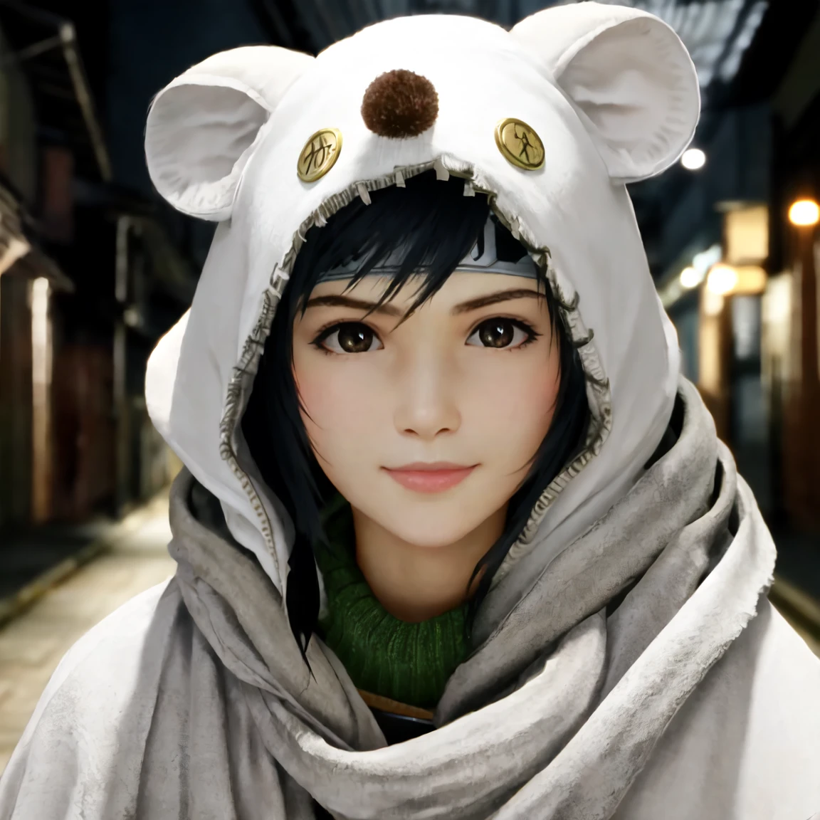 (yuffie_kisaragi, mooglesuit, animal hood, white cloak ),((a girl)),(****:1.3),hyperrealistic portrait,((Cowboy Shot)),sharp focus, depth of field ,blur background, bokeh ,Cinematic lighting,detailed face,random pose,touch hair,Half Smile,Midnight,((alley)),(photo realistic,perfect anatomy:1.3),(hyper detailed, masterpiece:1.2), best quality,RAW photo, exquisite, beautiful 