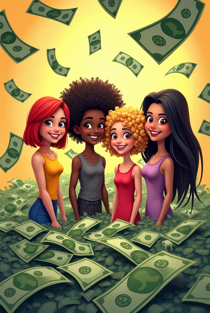 Please give me a picture of 4 friends: un hombre White skin, short hair, black hair. Una mujerWhite skin: with straight red hair long to the back. A woman with curly blonde afro hair, White skin. A woman with long, straight black hair down to her back, White skin.Surrounded by money. Make it cartoonish