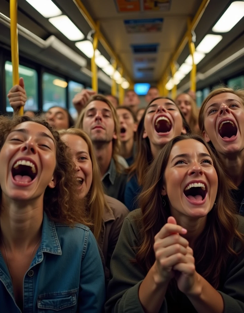 "Une image d'un bus bondé avec 30 personnes en train de rire aux éclats, certaines se tenant les côtes ou se tapant sur les genoux. Les expressions sont pleines de joie et d'amusement, avec des gestes exagérés et des visages rayonnants. L'ambiance ddu rire exagéré