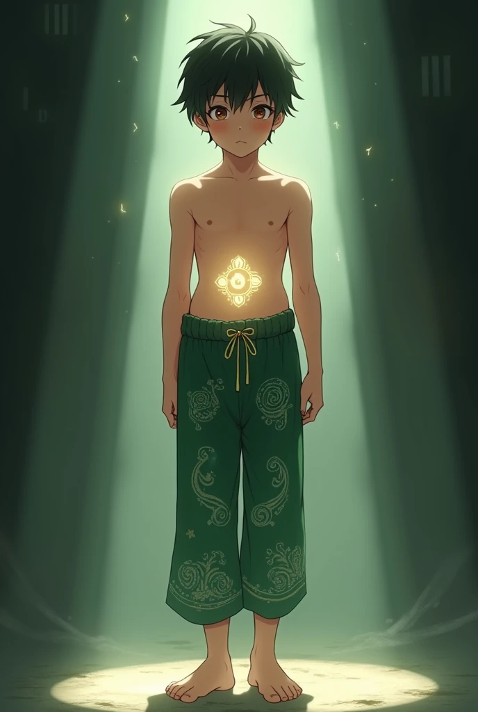 Barefoot anime boy without a shirt in green pajama pants ancient symbol on his belly