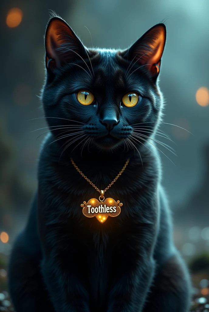 black cat. with a necklace that says Toothless
