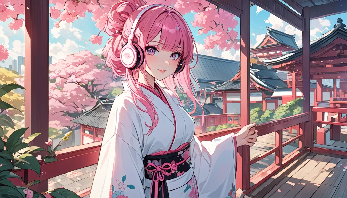 anime girl with pink hair wearing pink headphones, wearing a kimono at a temple party in tokyo, anime styling 4 k, non-style artwork by guweiz, 8K anime art wallpaper, 4k anime art wallpaper, 4K anime art wallpaper, lofi portoRait, lofi girl, anime styling. 8k, melhor anime wallpaper 4k konachan, anime wallpaper 4k