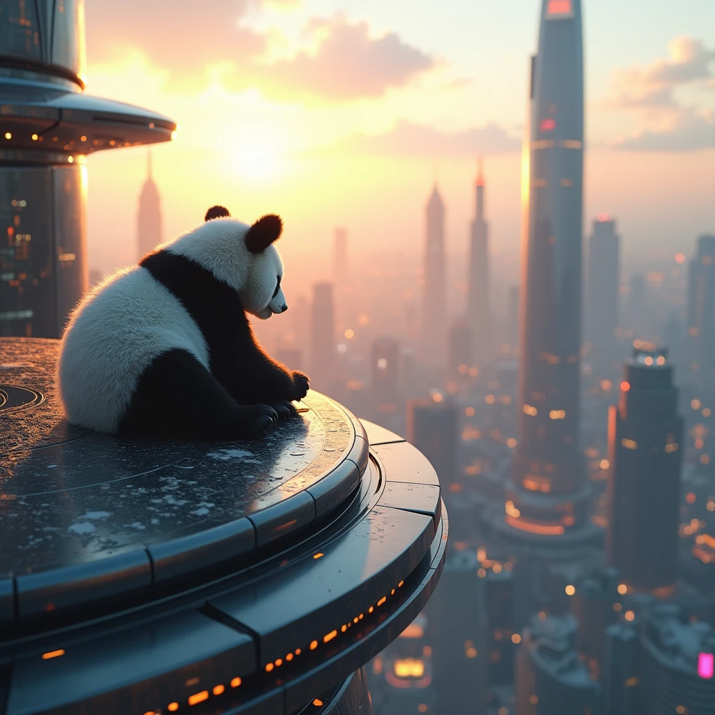 Highest quality、Future city shining in the morning sun、Watching from on high、Night view、8k、Fluffy, Panda's soft back high resolution,