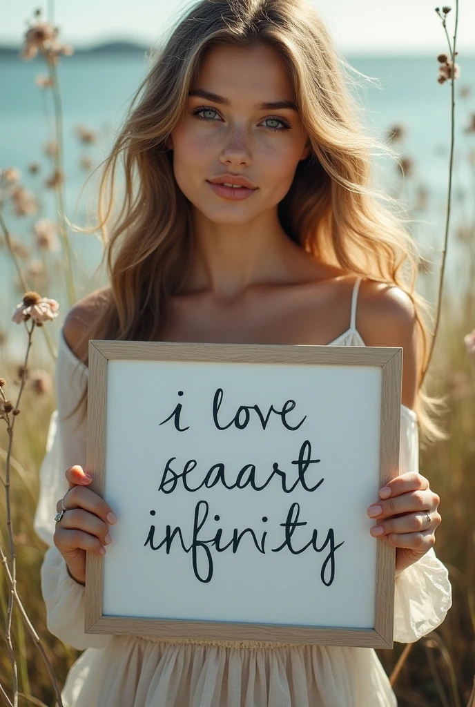 Beautiful girl with wavy long hair, bohemian dress, holding a white board with text "I Love Seaart Infinity" and showing it to the viewer