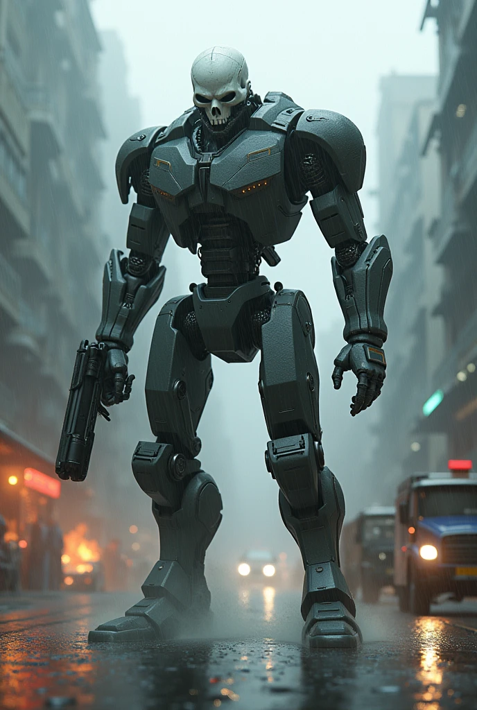 Make a cyborg , robot with human white skull, standing on the wat road in foggy weather with rain, on market street , he has a weapon, some cars with fire