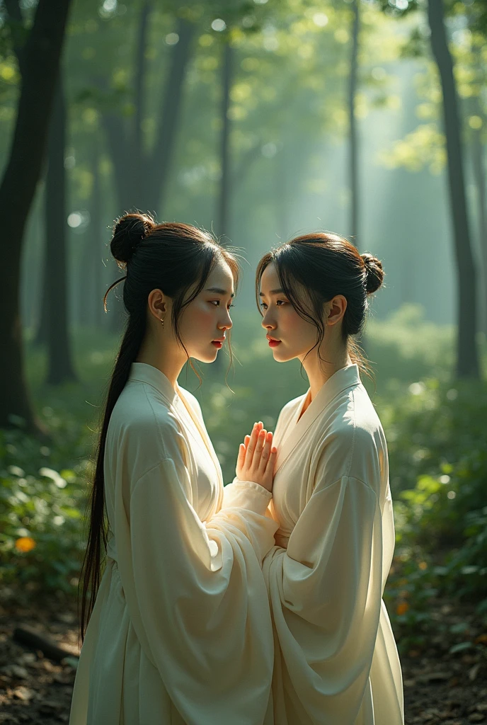 Ancient Chinese women in the Hanfu period"Very detailed images,,"Wide angle reveals the details of the vast forest.. She was soaked all over...,In a state of nakedness, chest, facing forward