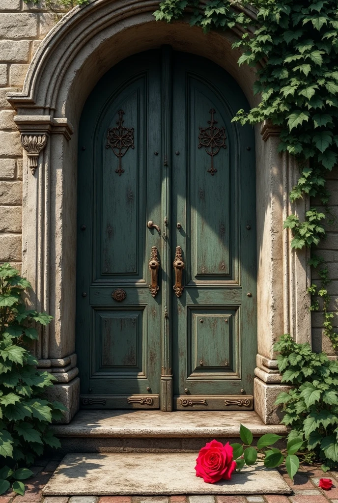 An old masion entry door and a red rose lying on the doormat 
