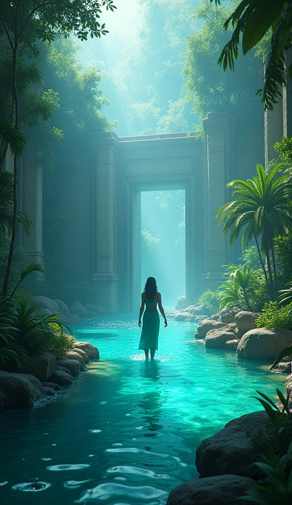 Create an image of a water-themed environment representing Tefnut’s influence with rich blues and greens, incorporating Egyptian motifs. The scene should be lush and vibrant, with Tefnut’s silhouette subtly blurred in the background, highlighting her role in the moisture-rich setting. Use masterpiece, best quality, CG, wallpaper, HDR, high quality, ultra detailed, cinematic, high detail, 8k, raw, high, artstation HQ, unreal engine, octane renderer, 4k resolution, hyperrealistic, highly detailed