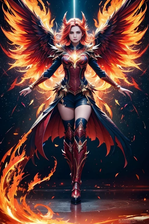 
                      ( perfect anatomy ) a mythical phoenix bird, feathers of fire, spreading sparks, wings ablaze, flying through chaos, ethereal and divine, photorealistic, 8k, hyper detailed, dramatic lighting, vibrant colors, surreal and abstract, fiery holographic effects, dynamic movement(Open your big glowing wings)

                 Phoenix knight, Phoenix knight armor