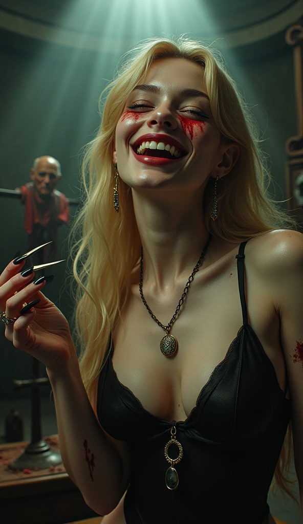 (((photorealistic:1.4))), ultra realistic, pores, (((masterpiece))),high quality, ultra details, realistic white skin beautiful face pretty korean idol adult smilling bloody woman showing very long sharp black fingernails, holding whipbull on hand, model, very pretty, vein on hands, wearing sexy outfit, pretty long legs, ring on fingers, long yellow hair, long earrings, big necklace, sitting behind painful expression of realistic ugly old man tied up on the post with throat ripped, blood splatter everywhere, extreme gore, looking at camera, high post, night, torture room with torture device on the table, high key, bright,