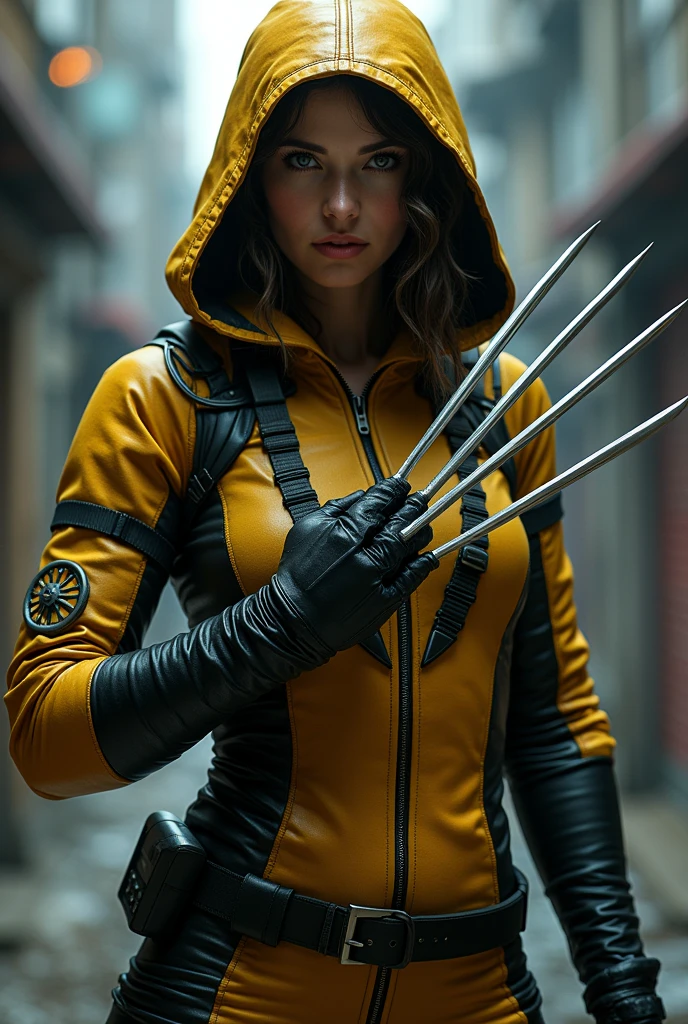 Generate a woman assassin
Weapon: wolverine claws X in right hand.
Outfit:gold and black cybordpuck hoodie with very clear and not hidden print "NEL".
Background:realistic
Photo size: 11x14
