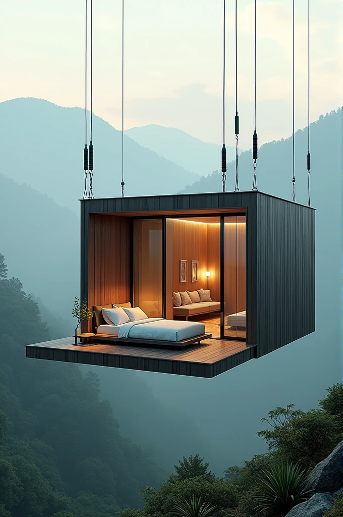Hotel room well designed hanged by crain in beautiful region off hilly mountain with good view
