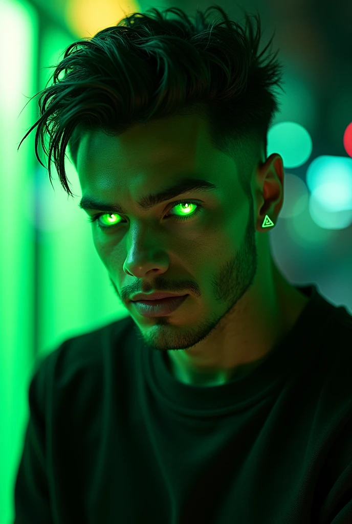 man, neon green eyes, an earring in one ear with the green delta symbol, with a black sweatshirt with green neon,