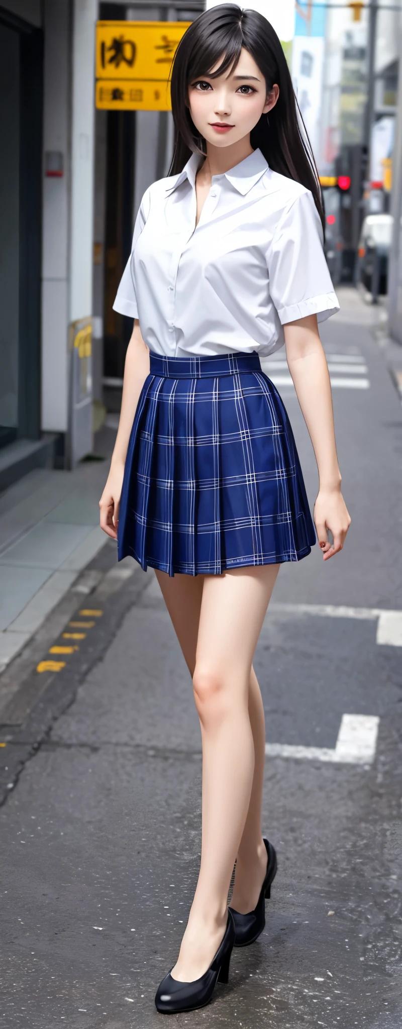 {top quality, masterpiece}, (Realistic: 1.3), (photo Realistic: 1.3), wallpapers, ultra high res, ultra high quality, BREAK {{{FF7, Tifa_lockhart, solo}}},{{{Japan JK uniform, White short-sleeved shirt, Navy Blue Plaid Pleated Skirt, Dark blue short socks, loafers, see through shirt}}}, {{{erotic, Nogizaka idol}}}, Ultra-detailed face, Detailed eyes, Red eyes, (black brown hair, Large breasts: 1.0), About 1, kawaii, BREAK sensual, looking away, Beautiful legs, {{{behind view, back hair, calf, back view}}}, {{{walking}}}, focus on legs , full body, BREAK (background big city,shibuya:1.1)