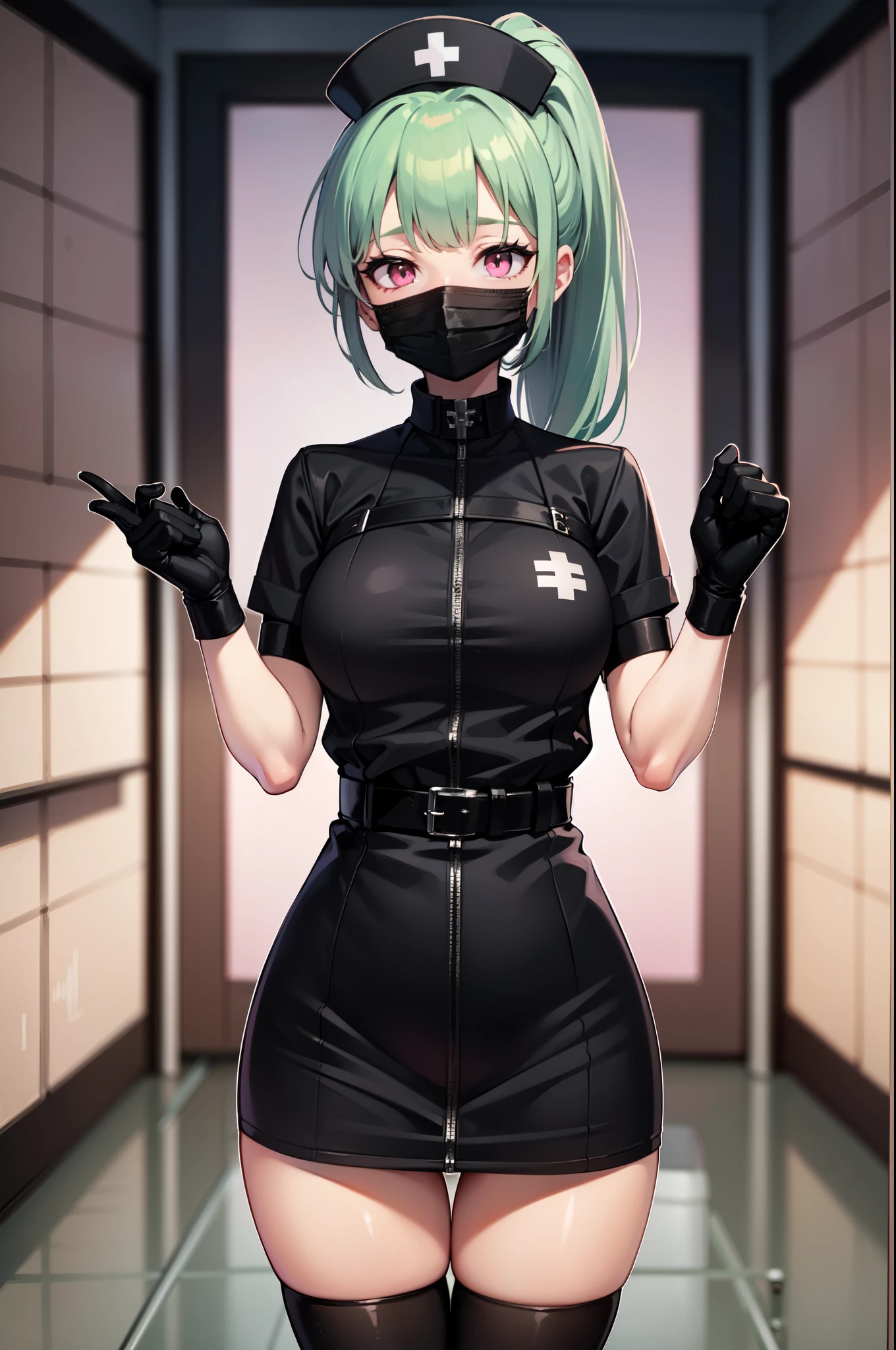 black nurse, 1girl, solo, black nurse cap, black nurse uniform, ((black legwear, zettai ryouiki)), black elbow gloves, ponytail, green hair, pink eyes, ((black surgical mask, covered nose)), standing, ((surgery room)), sharp outline, short sleeves, best quality, masterpiece