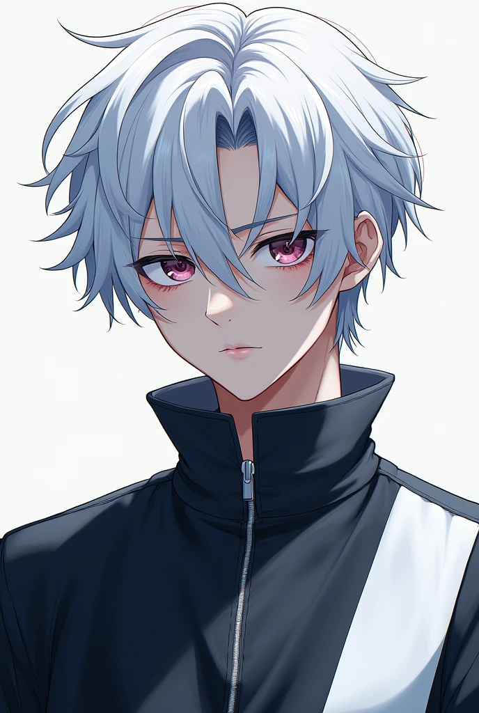 Guy with white hair covered his eyes with white stripe shirt, anime style