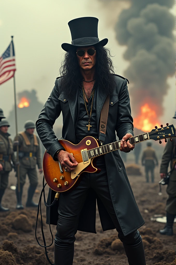 Generate an image of slash from guns and roses at Iwo Jima 