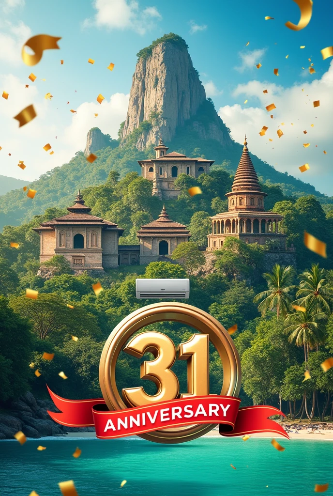 To create a stunning collage celebrating COMFRi air conditioners' 31st anniversary, here’s a plan that blends the requested elements:
Background and Landmarks:
Sigiriya Rock Fortress: Central in the composition, this iconic site will serve as the backdrop, towering majestically.
Galle Fort: On one side, featuring its colonial architecture, overlooking the sea to add a coastal element to the scene.
Ella's Nine Arches Bridge: Gracefully arching through lush greenery, this will be placed prominently to add depth and natural beauty.
Temple of the Tooth in Kandy: A sacred element, possibly near the Galle Fort or as a smaller, detailed part of the composition to symbolize cultural heritage.
Beautiful Beaches (Mirissa/Unawatuna): The beaches, with their turquoise waters, will add a tranquil yet vibrant contrast, positioned along the bottom of the collage.
Celebratory Elements:
Confetti and Balloons: Scattered across the collage, emphasizing the celebration, with more focus around the landmarks.
COMFRi Air Conditioner Units: Tastefully placed within the scenery—perhaps one unit on a side of Galle Fort, another subtly integrated near the Temple of the Tooth. These should be harmoniously blended, so they appear naturally part of the scene.
Branding:
COMFRi Logo: Positioned at the top or bottom, prominently visible, possibly surrounded by additional celebratory elements like a ribbon banner reading "31st Anniversary."
Color Scheme and Style:
The overall color palette will reflect the natural beauty of Sri Lanka with vibrant greens, blues, and earth tones, contrasted with festive golds, silvers, and reds for the anniversary celebration.