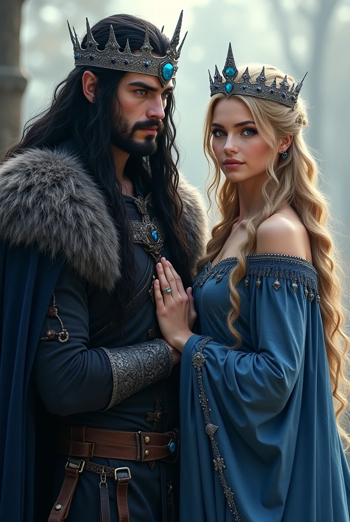 viking warrior, Youngh, no facial hair, velvety skin, strong jaw, blue colored eyes, long black hair, Scrawny, with black clothes with blue details, wearing a silver crown with precious stones., next to a Viking queen, Youngh, blonde, slim, long blondie hair, greeneyes, with blue dress with black details, with a delicate silver crown on her head.