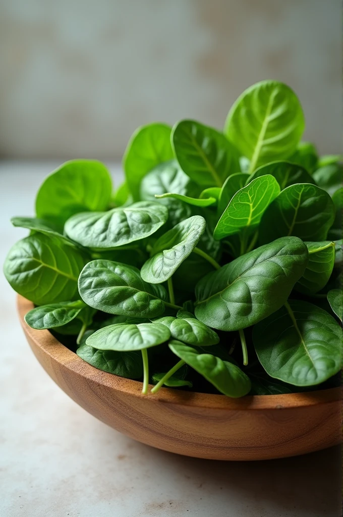 Une poignée d'épinards frais et verts, placed in a natural wooden bowl. Les feuilles doivent être d'un vert profond et vif, avec une texture légèrement froissée. Utilisez une lumière douce qui met en valeur la richesse des couleurs et un fond neutre pour que les épinards soient le centre de l'attention.