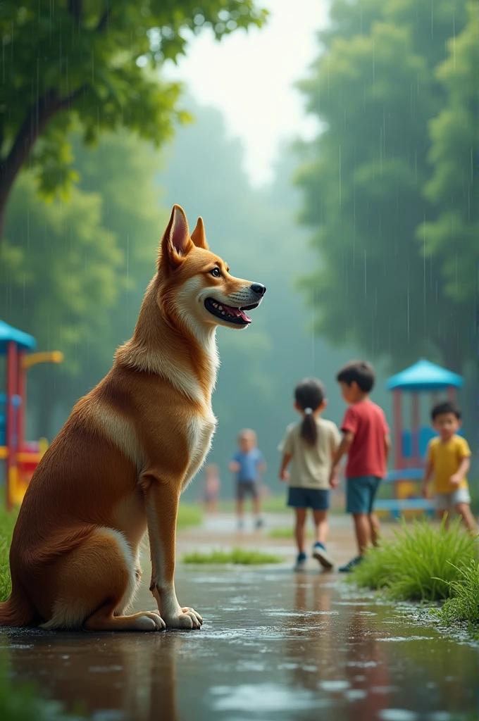 A dog with a boon to watch the kids in park in rainy day
