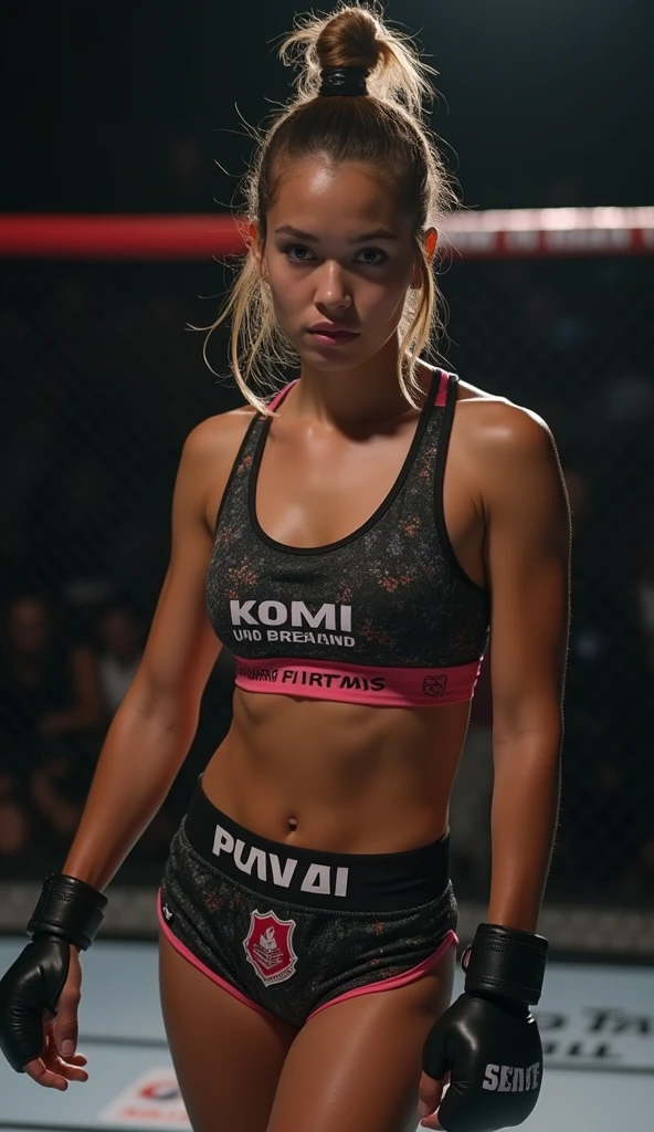 full body shot. a pretty muay Thai fighter. with her muay Thai outfit, she just finished her fights, brutal fight, fierce fight.