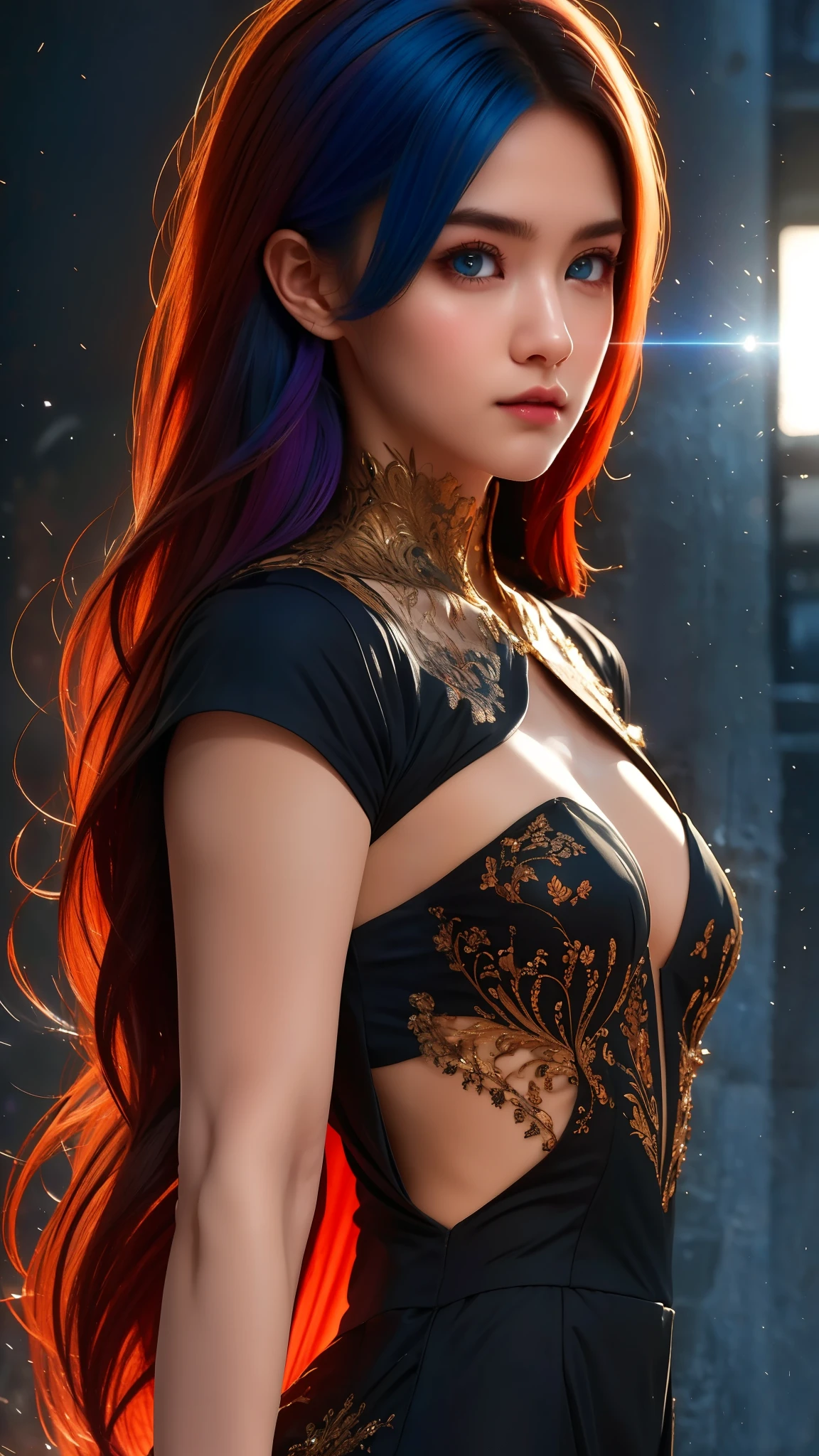 "Experience the ultimate masterpiece with our AI platform - a stunning 8k wallpaper that brings together the best quality and extreme detail. With movie lighting and lens flare, every detail of this CG creation will come to life. Admire the beautiful eyes with their intricate details and mesmerizing heterochromia. And don't forget the multi-colored hair that adds a pop of color to this rich and colorful world."