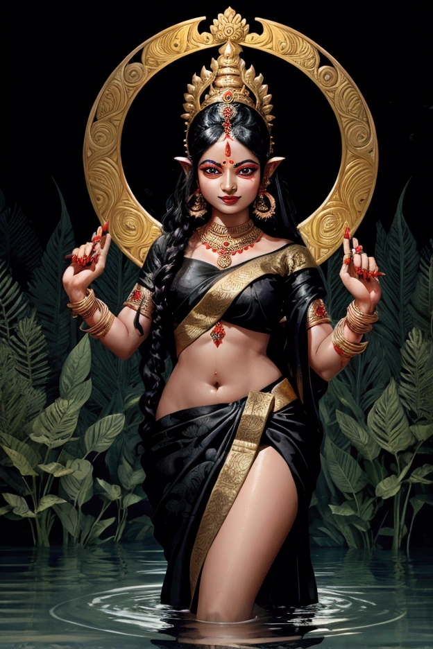 Devi Kali a black colour woman in hindu religion wearing bengali traditional saree, she has four hands, she save a flood affected child in a village in where all houses are almost in under water. 