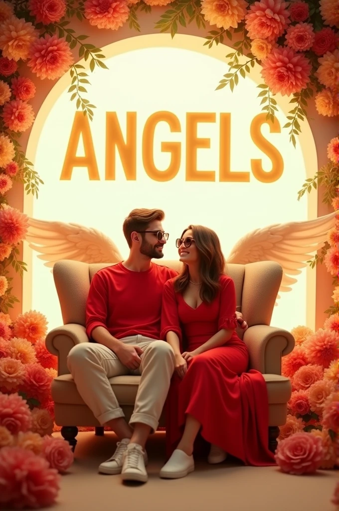 Create a 3D illusion for a profile picture where a 2 cute couple in red casual wearing and sun glasses sitting comfortably on a wingback chair, with “NAME and NAME” written in big and bold Yellow letters on a white lit wall at the back. There dhould also be beautiful flowers, no shadows, and wings added to show that he or she is an angel.