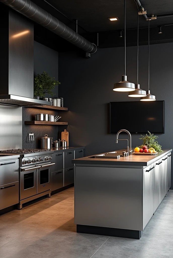 Here is a detailed design for a 30 square meter industrial kitchen:
### 1. **Layout Geral**
- **Total Space**: 30 m².
- **Central Island**: The island will have 2,5 x 1,2 meters, positioned in the center of the kitchen. Made of stainless steel with a black granite or black quartz countertop, the island must have space for food preparation, with an additional cooktop (if necessary) and built-in sink.
- **dismissal**: A space of 3 m², located in one of the corners of the kitchen. The door can be sliding, made of frosted glass with dark steel frame.
### 2. **cabinets e styled**
- **cabinets**: cabinets suspensos e inferiores feitos de MDF com revestimento em aço inox, exclusive for heavy pots and utensils, organized by size and use. Doors without visible handles, with “push-to-open” opening system.
- **styled**: The predominant use of stainless steel in household appliances, cabinets and the island, combined with dark colored walls, like graphite gray or matte black, to create a modern and robust environment.
### 3. **home appliances**
- **Industrial Oven and Stove**: Stainless steel, with six mouths, big oven below. The stove should be positioned against one of the walls, with the built-in oven just below, facilitating access.
- **Steam Sucker**: A powerful model with duct for external ventilation, installed above the stove. It must be made of stainless steel and have built-in lighting..
### 4. **Lighting**
- **Luster**: An industrial pendant light, made of black metal, suspended over the central island. Exposed filament bulbs for a rustic touch/moderno.
- **Lighting Adicional**: LED spotlights recessed into the ceiling, with directional lights over work areas, as a stove, sink and countertop.
### 5. **entertainment**
- **sound system**: Install a small sound system with speakers built into the ceiling or on discreet shelves. Can be connected to devices via Bluetooth.
- **TV**: A 32-inch TV installed on one of the walls, preferably on a support