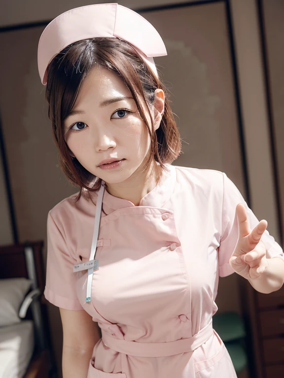 woman, alone, (Wearing white nurse clothes:1.2), Shortcuts, bangs, Upstyle, Black Hair, Iris, nurse, Perfect Anatomy, nurse uniform, ((Nurse cap)), ((White costume)), Long skirt, hospital, (close), Face close-up