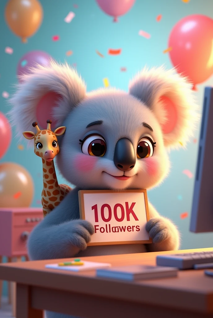 Image of an animated female koala with a 100k followers sign with a small giraffe on her shoulder sitting in front of a computer editing videos. With confetti and balloons in celebration mode.Super cute 