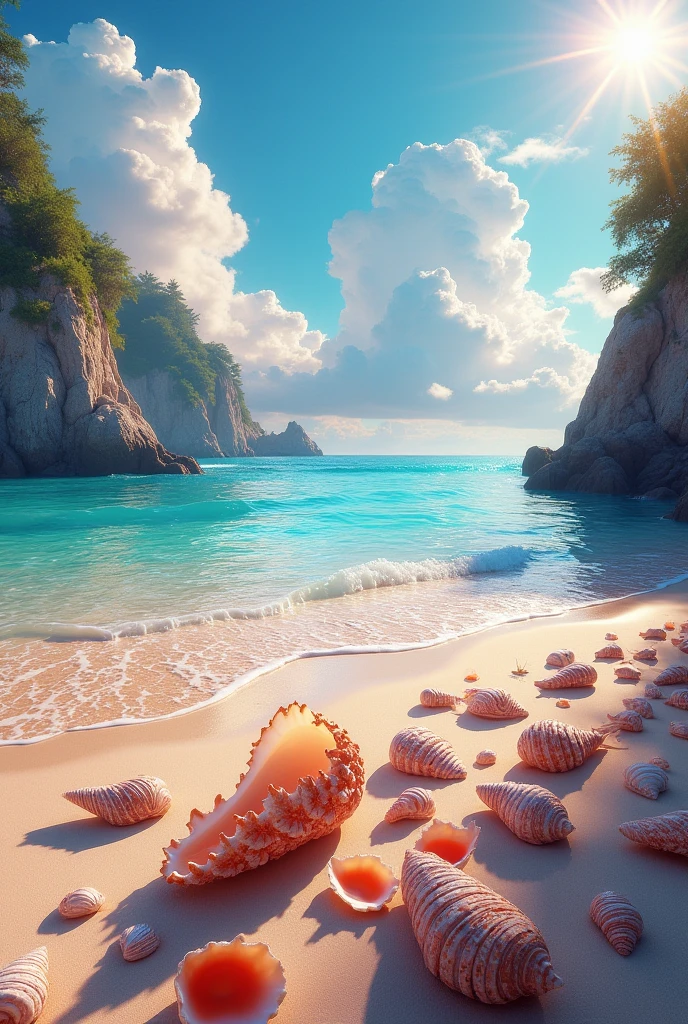 detailed iridescent beach,vibrant colors,beautiful detailed sea,detailed sky,sunlight reflecting on water,stunning detailed clouds,intricate seashells on sand,crystal clear water,photorealistic,masterpiece,ultra-detailed,realistic,highly detailed,cinematic lighting,warm color palette,volumetric lighting,dramatic lighting,detailed rocks and cliffs,serene atmosphere