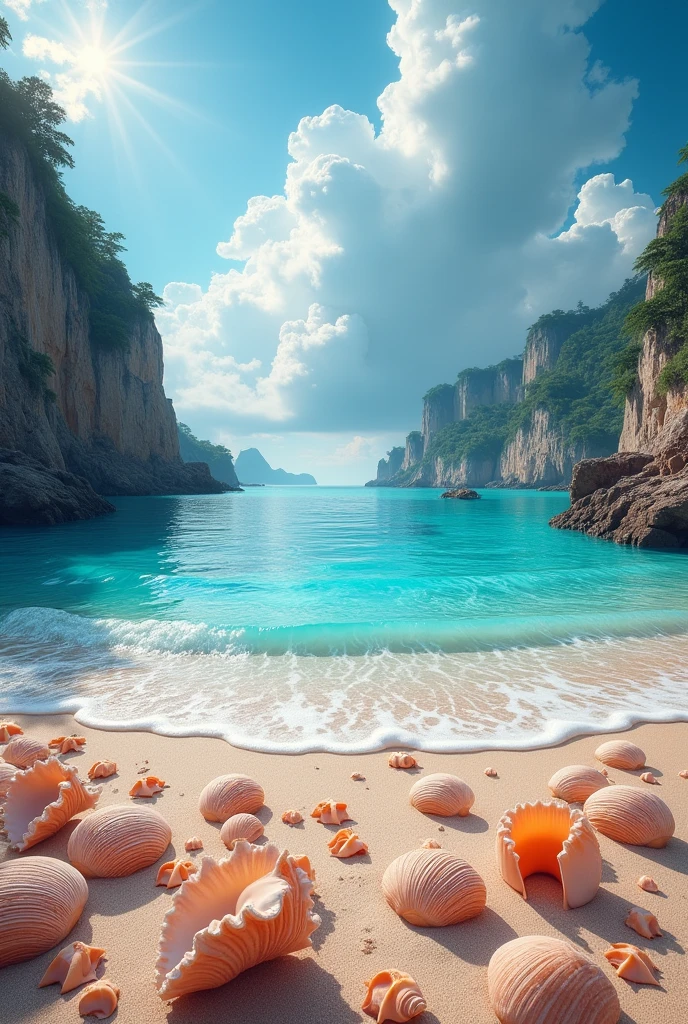 detailed iridescent beach,vibrant colors,beautiful detailed sea,detailed sky,sunlight reflecting on water,stunning detailed clouds,intricate seashells on sand,crystal clear water,photorealistic,masterpiece,ultra-detailed,realistic,highly detailed,cinematic lighting,warm color palette,volumetric lighting,dramatic lighting,detailed rocks and cliffs,serene atmosphere