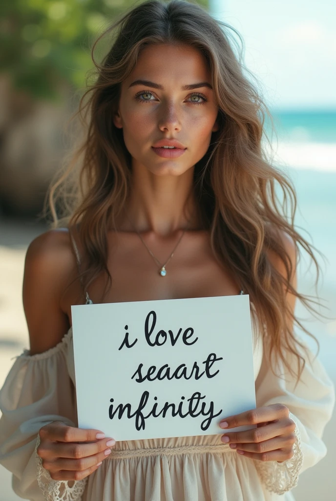Beautiful girl with wavy long hair, bohemian dress, holding a white board with text "I Love Seaart Infinity" and showing it to the viewer