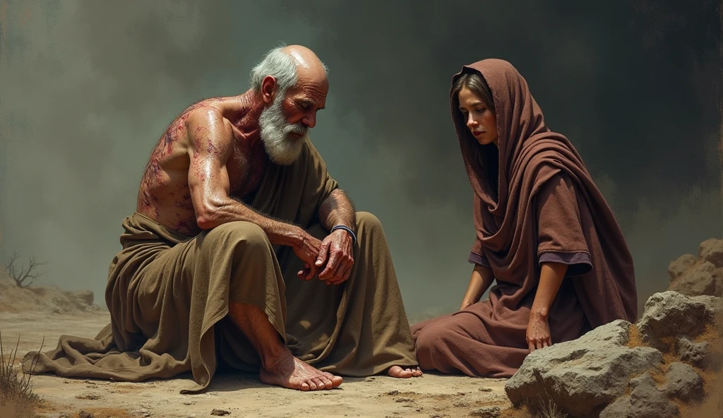 "Create an image that represents the biblical scene from Job 2:9-10. Show Job sitting on the ground, covered in wounds and sores, with an expression of pain, but still maintaining its integrity. Beside him, your wife is standing, looking at him with an expression of despair and frustration, while suggesting that he curse God and die. with his shaved white head an elderly gentleman and the scenery around is desolate and gloomy