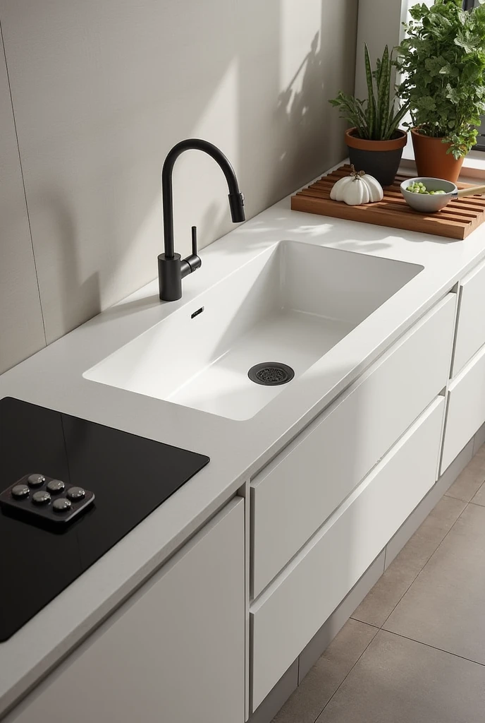 kitchen sink measuring 225x60cm with cabinet. cooktop on the left. 50cm between the cooktop and the sink on the right door below the cooktop and 4 drawers between the cooktop and the sink.

