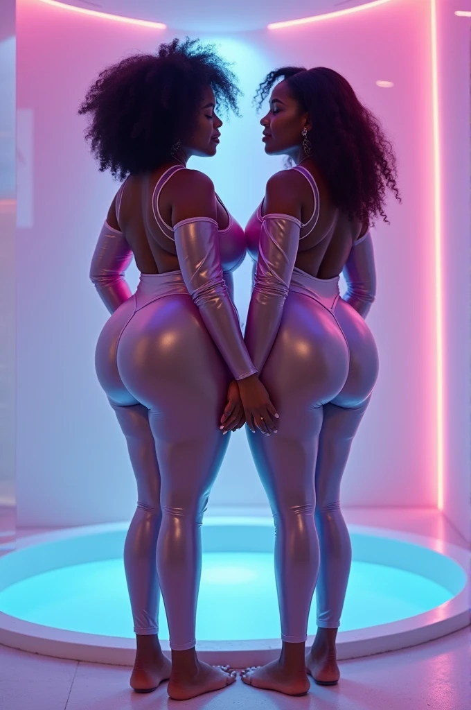 objective, IMMENSELY BUTTOCKS MASSIVE combined with smallest tapered waist, dark skin melanin mature twins duo, IMMENSELY BUTTOCKS MASSIVE BULGING PROTRUDING BUTTOCKS paired perfectly with world's 🌎 tiniest waist, 8K UHD, pastel translucent (beige gradient dient tan) metallic bodysuit leggings, DSLR, pastel translucent (beige gradient lilac) metallic bodysuit leggings slippers, ultra high resolution, spa room, no nsfw, elegance, long lovely plastic sleeves, Vaporwave, skinny waist, RAW footage, flat stomach, eloquence, and strong thick thighs legs, side body, muscular abs, epic, in the space universe, with a neon color behind, masterful, photography by Fedor Shmidt, extremely unique physique