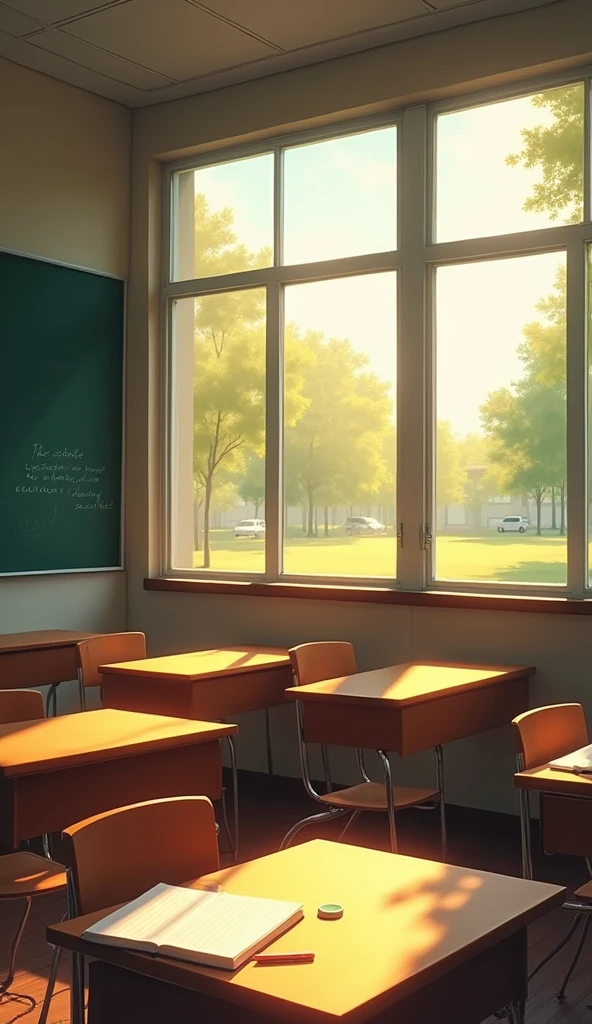 "A quiet classroom on the last day of school, with sunlight streaming through tall windows, casting soft patterns on the wooden desks. The room is empty, except for a single desk with an open notebook and a pen left behind. The blackboard still has remnants of chalk writing, and the atmosphere is filled with a bittersweet mix of nostalgia and anticipation. Outside the window, the schoolyard is bathed in golden light, symbolizing the end of an era and the beginning of new journeys. The ambiance captures the poignant feeling of leaving a familiar place behind, knowing you'll never return as a student."