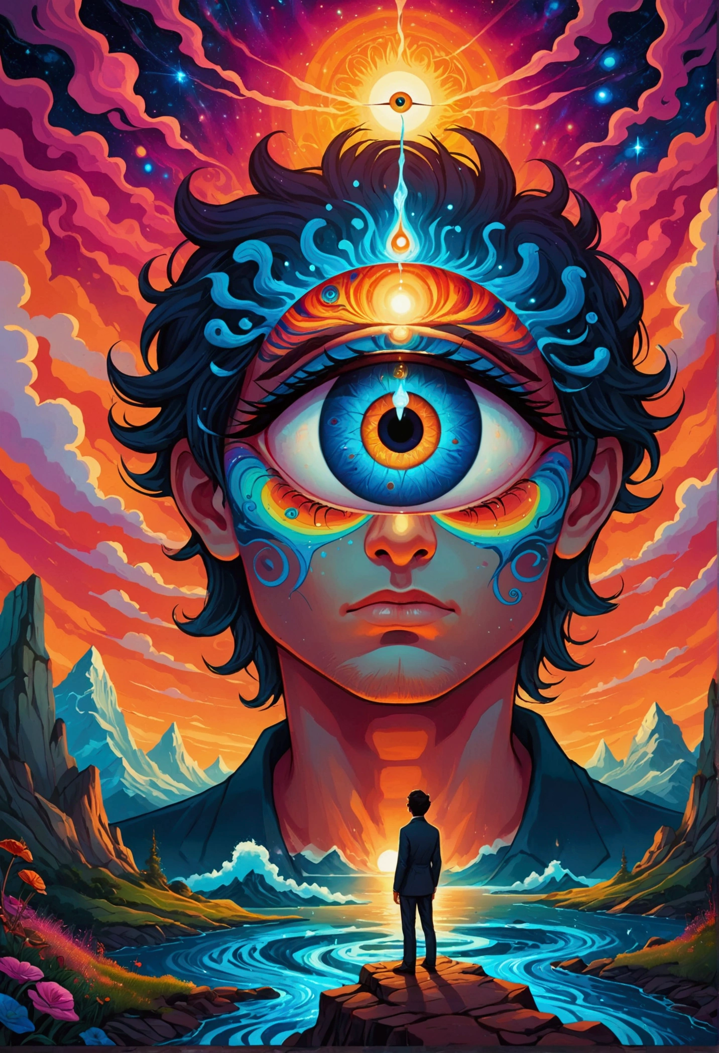 A man stands in front of a painting of an eye, Surrealism inspired by Cyril Rolando, Popular on artstation, Psychedelic Art, Visionary Art Style, The Third Eye视觉, Psychedelic illustration, fantasy, Psychedelic surrealist art, Psychedelic Art style, Psychedelic Art, psychedelic aesthetic, Dan Mumford and Alex Grey style, extremely psychedelic experience, The Third Eye, Psychedelic Trip