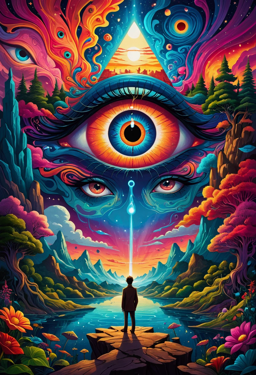 A man stands in front of a painting of an eye, Surrealism inspired by Cyril Rolando, Popular on artstation, Psychedelic Art, Visionary Art Style, The Third Eye视觉, Psychedelic illustration, fantasy, Psychedelic surrealist art, Psychedelic Art style, Psychedelic Art, psychedelic aesthetic, Dan Mumford and Alex Grey style, extremely psychedelic experience, The Third Eye, Psychedelic Trip
