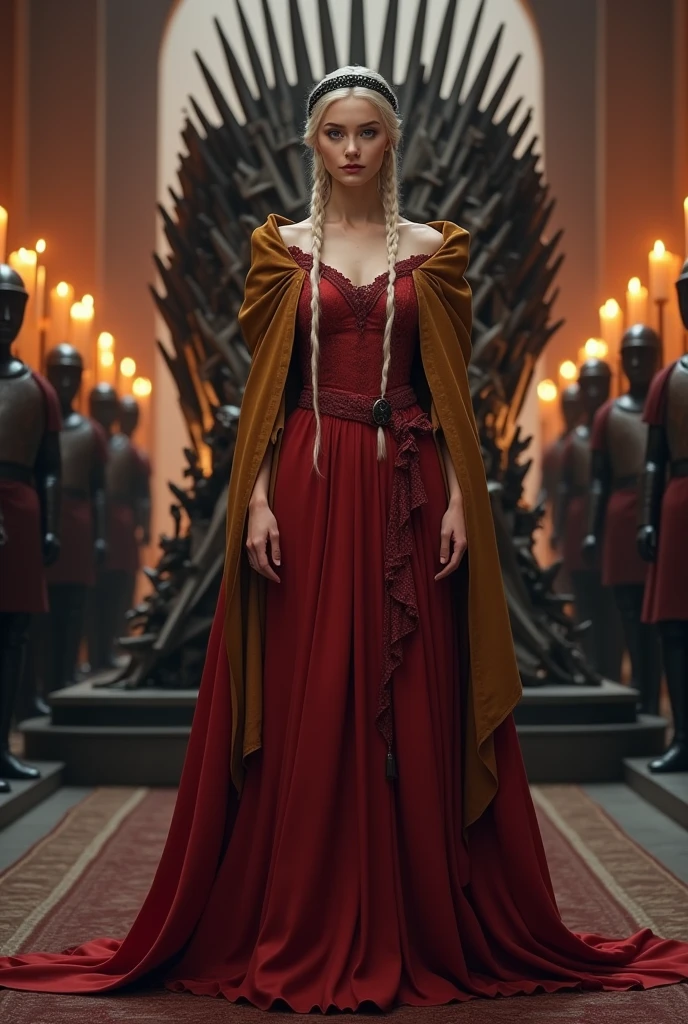 A beautiful Aria Stark wearing a royal Red cotton Fabric Princess gown with dark golden cotton cloak,Her platinum blonde hair braided around her head like a ring,A black ring shaped flat large plane tiara on her head, She's standing straight,Iron throne on her background, candles around, soldiers on either sides, Photorealistic 