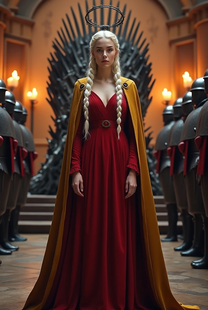 A beautiful Aria Stark wearing a royal Red cotton Fabric Princess gown with dark golden cotton cloak,Her platinum blonde hair braided around her head like a ring,A black ring shaped flat large plane tiara on her head, She's standing straight,Iron throne on her background, candles around, soldiers on either sides, Photorealistic 